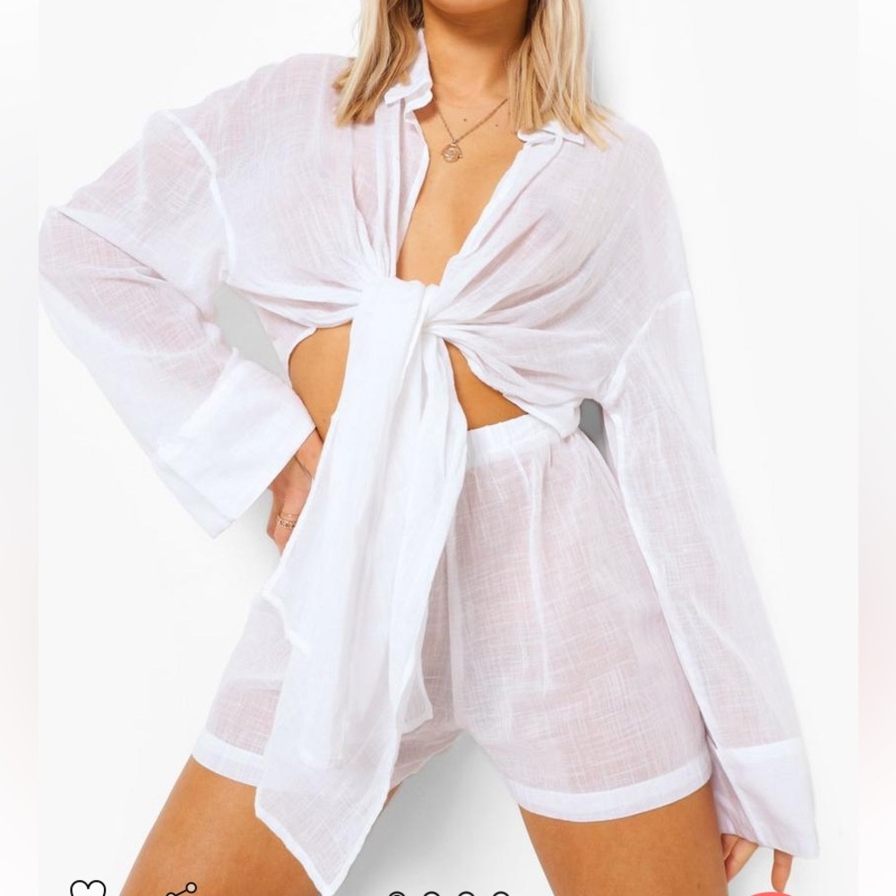 **NEVER WORN** White Linen Look Tie Front Beach Shirt & Shorts set